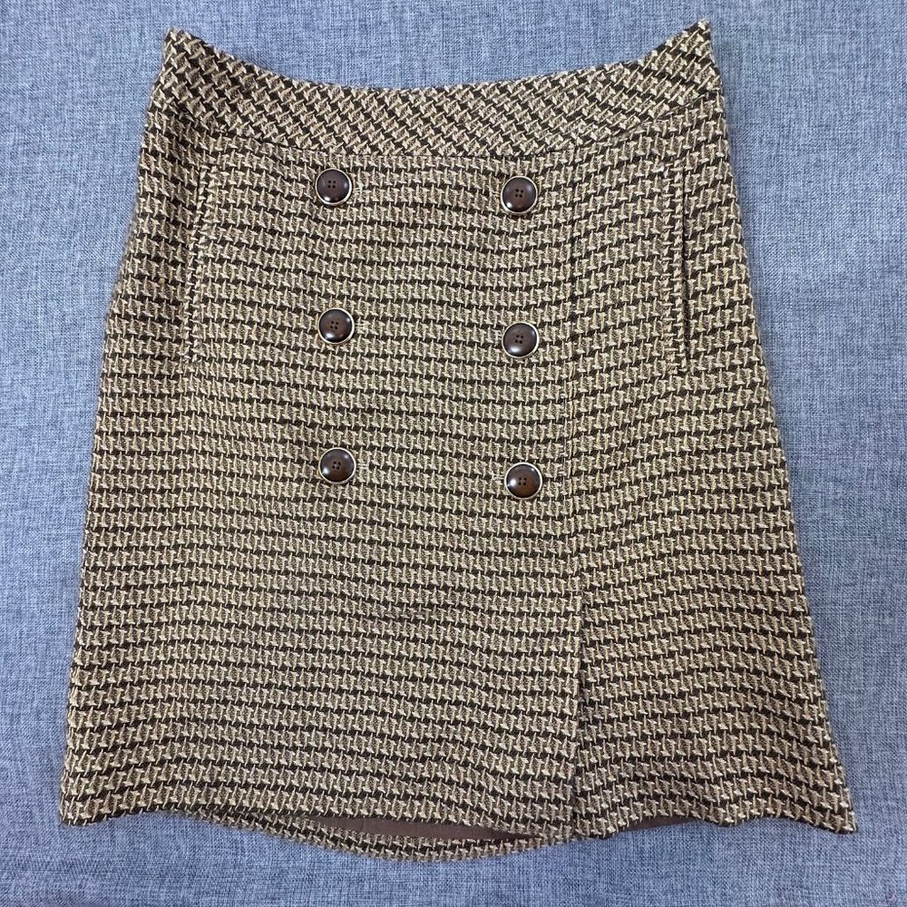 Ann Taylor Brown & Black Houndstooth Tweed Button Front Skirt